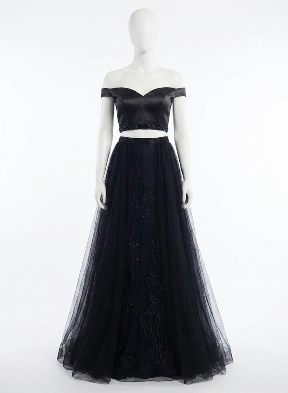 NEW RACHEL ALLAN two-piece off shoulder gown with overskirt in black